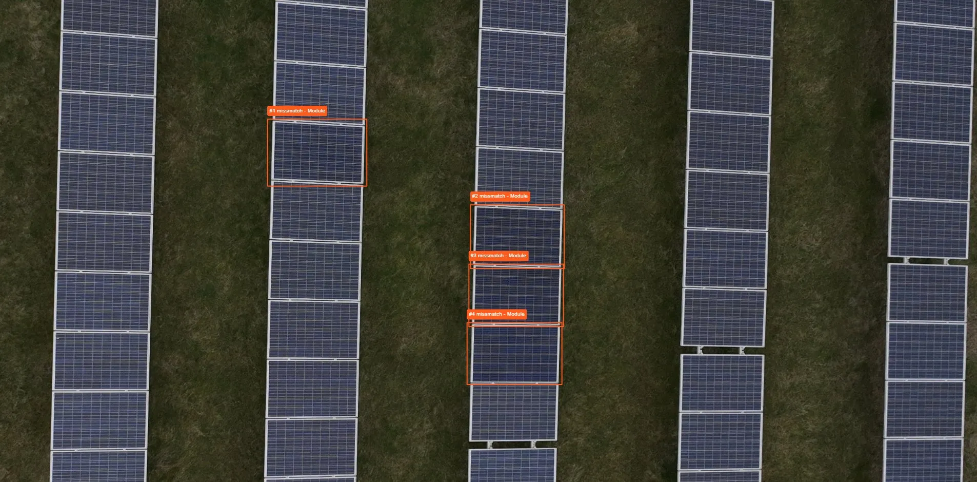 Aerial image showing AI-detected mismatched modules highlighted with bounding boxes