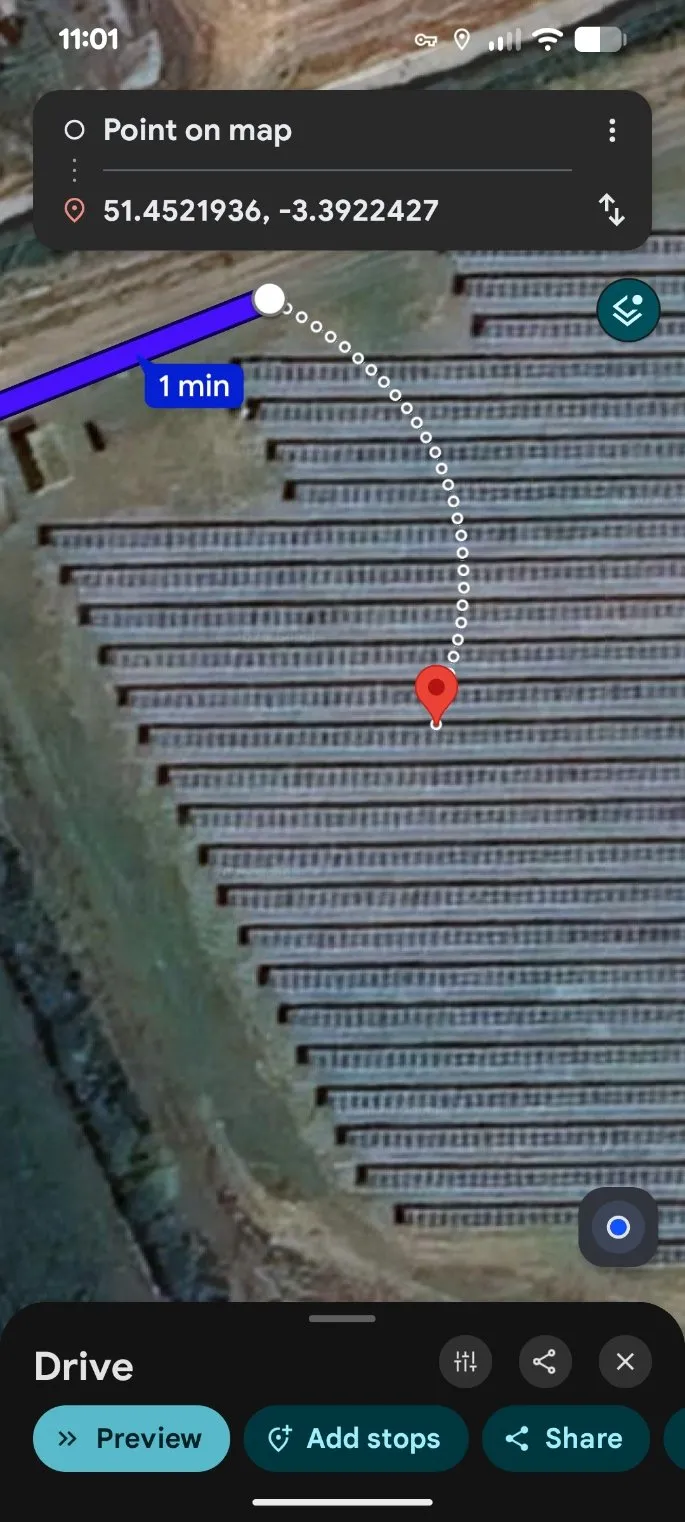 Phone showing Google Maps navigation to a detected panel at the solar farm